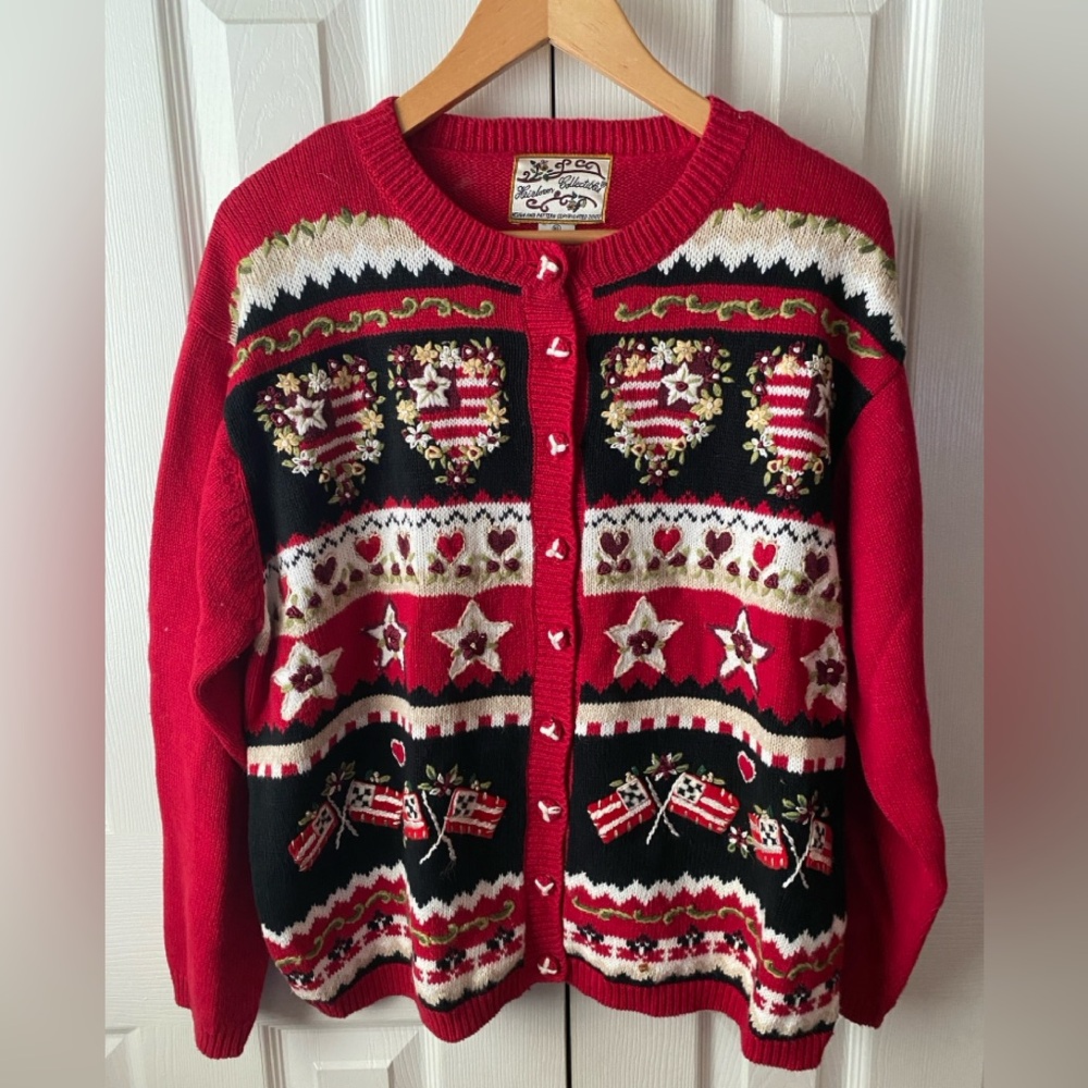VTG Y2K Heirloom Collectibles Red Embroidered Americana Valentine Cardigan SZ XL